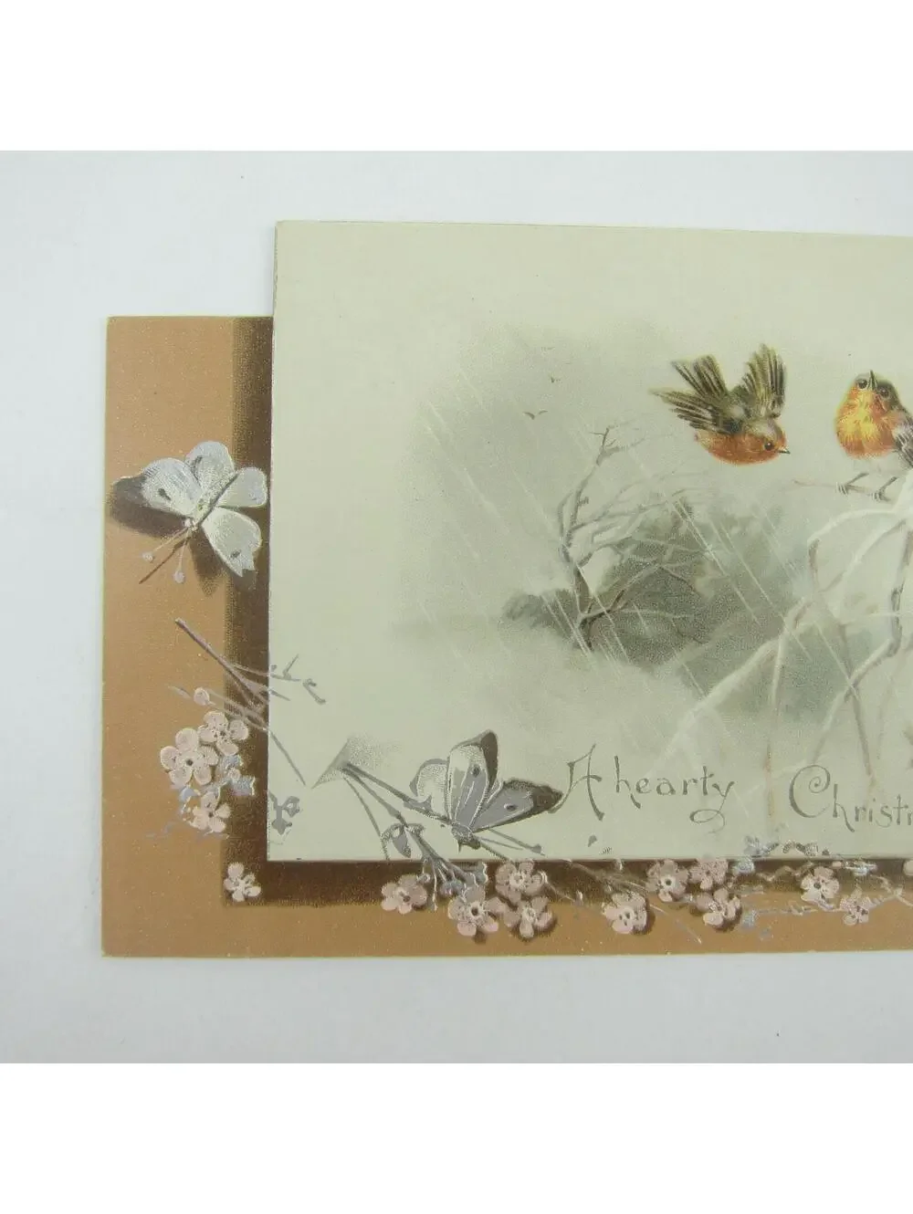 Victorian Christmas Card Birds on White Tree Branch Butterfly Flowers Antique